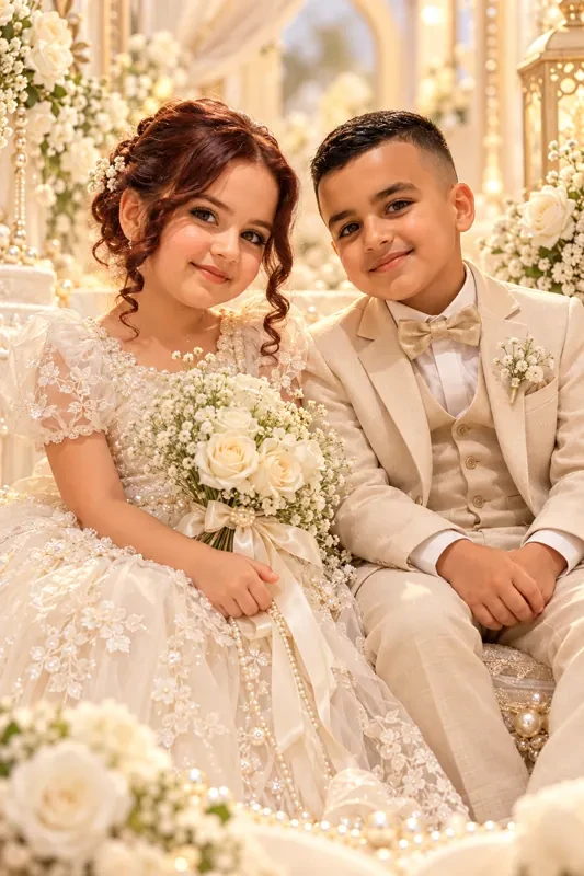 Portrait féerique de Houssem et Chayma représentés enfants parmi les fleurs, la dentelle et les perles